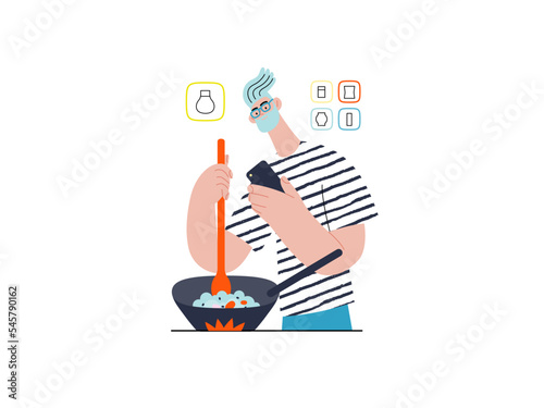 Shop now - Online shopping and electronic commerce series - modern flat vector concept illustration of a man cooking in pan and shopping. Promotion, discounts, sale and online orders concept