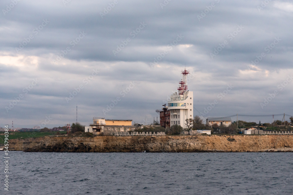 The Center for regulating the movement of ships in Sevastopol. Autumn in Sevastopol on the shore.