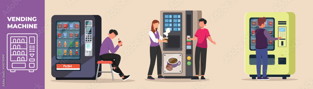 Man and woman using vending machine for buying snack, soft drink and coffee. Vending machine set concept. Colored flat graphic vector illustration isolated.