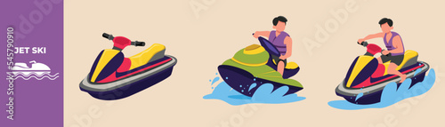 Happy Boy riding jet ski on the wave. Riding jet ski set concept. Flat vector illustrations isolated.