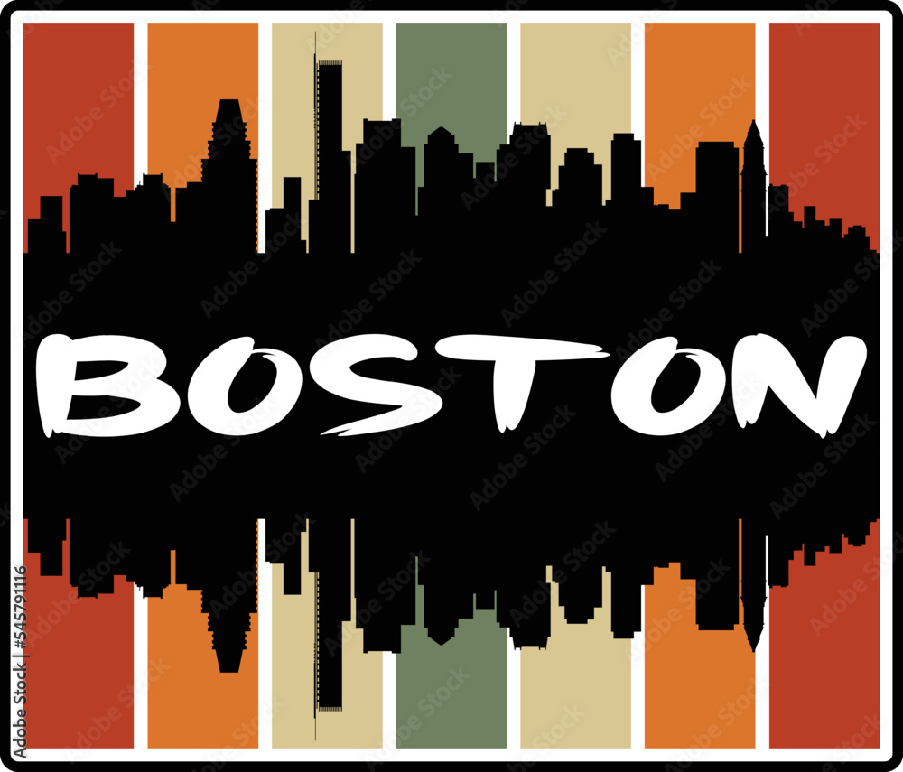 Boston Massachusetts USA Skyline Sunset Travel Souvenir Sticker Logo Badge Stamp Emblem Coat of Arms Vector Illustration EPS