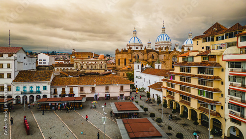Cathedral of the Immaculate Conception  Aerial Drone Above Cuenca  Ecuador  City Center  Historical Buildings  Travel and Tourism in Latin America  Colonial Architecture