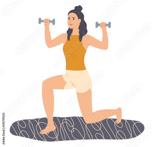 Woman trains at home, makes lunges forward with dumbbells.
