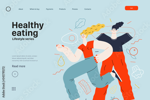 Lifestyle web template - Healthy eating - modern flat vector illustration of a woman and a man practicing healthy balanced diet. People activities concept