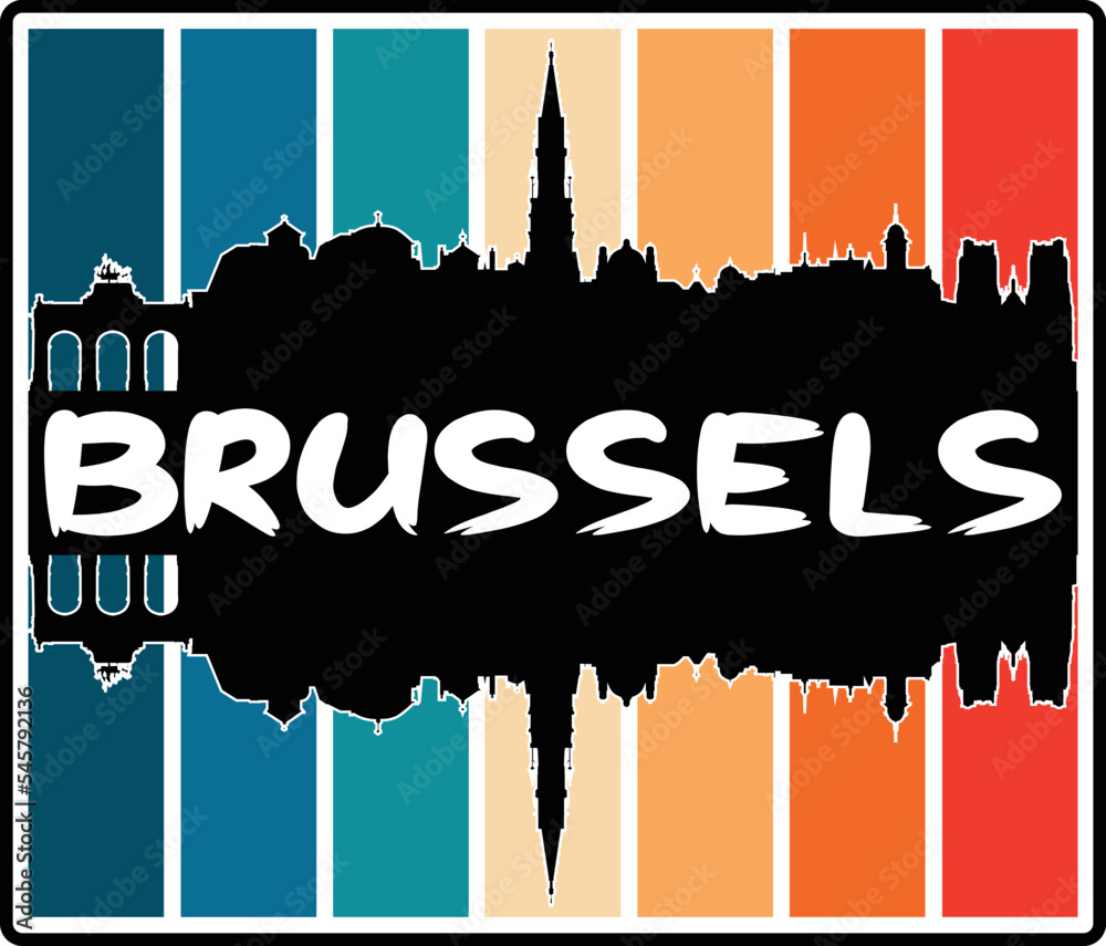 Brussels Belgium Skyline Sunset Travel Souvenir Sticker Logo Badge Stamp Emblem Coat of Arms Vector Illustration EPS