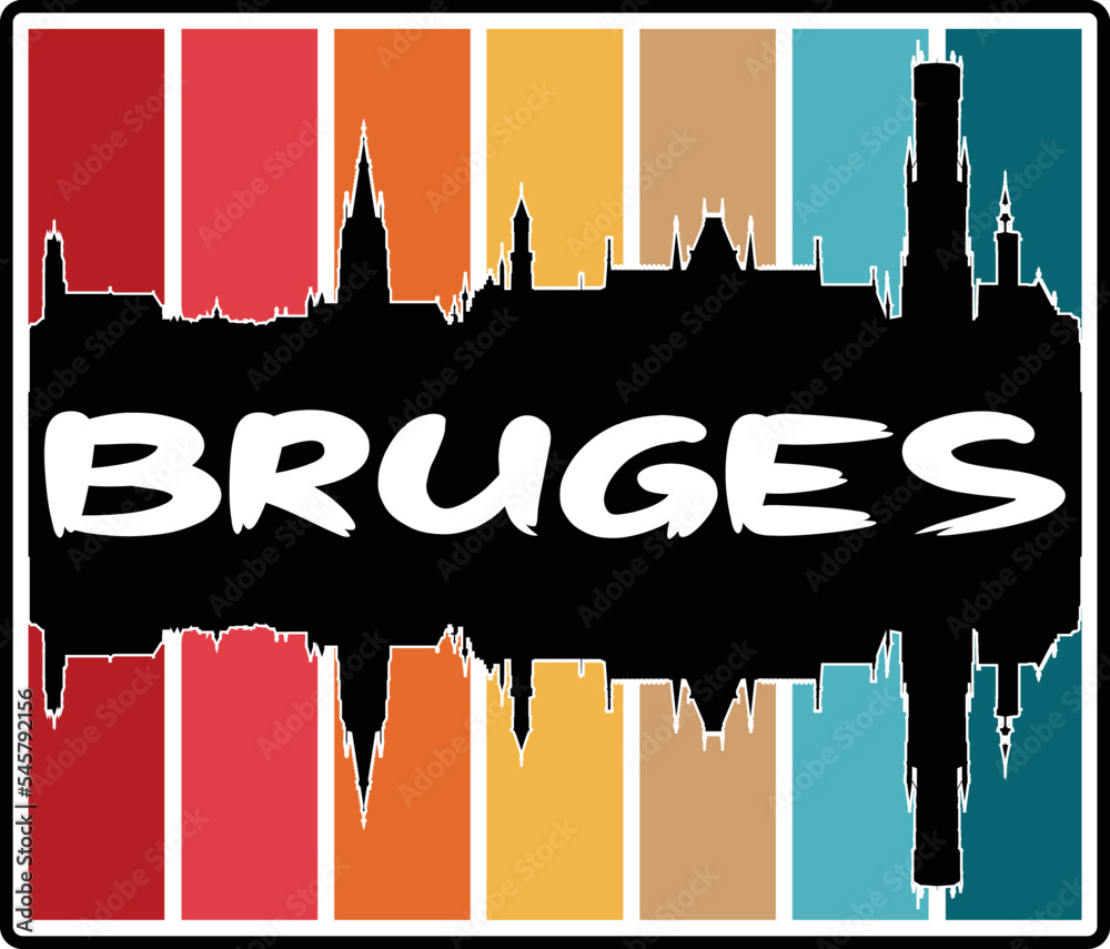 Bruges Belgium Skyline Sunset Travel Souvenir Sticker Logo Badge Stamp Emblem Coat of Arms Vector Illustration EPS