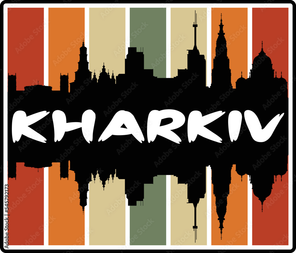 Kharkiv Ukraine Skyline Sunset Travel Souvenir Sticker Logo Badge Stamp Emblem Coat of Arms Vector Illustration EPS