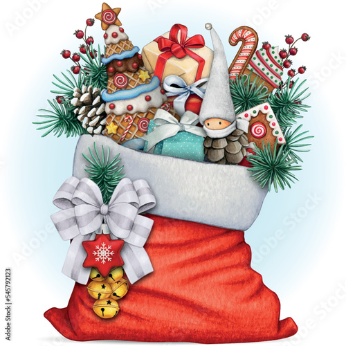 watercolor hand drawn christmas gift bag