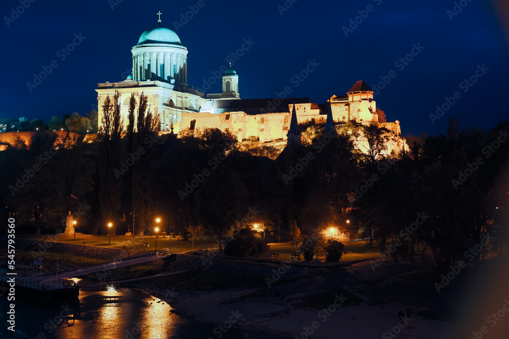 Basilica is religion landmark of Esztergom in illumination of Hungary outdoors.