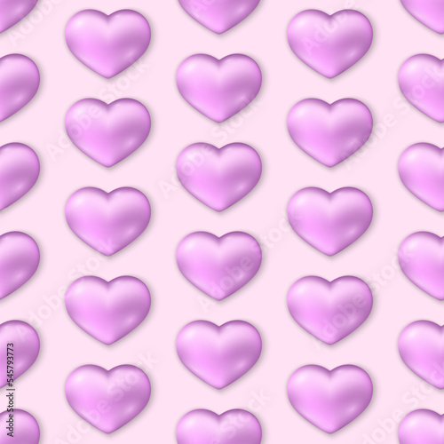 Pink 3d hearts seamless pattern. Glossy gradient vector hearts on pink background. Best for web, logo, print and St. Valentine's Day decoration.