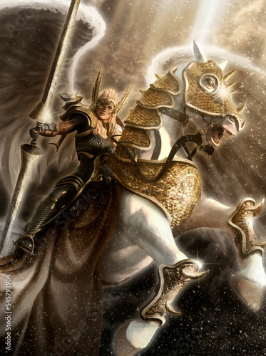 A magic fantasy character, Celestial Guardian in scaly armor with a long spear in his hand. A warrior girl, brave Valkyrie with large wings on a white horse under the blessed rays. 3d illustration.