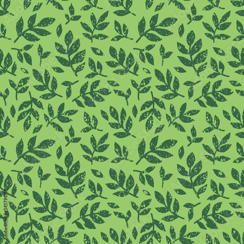 Linocut vector dark leaves on greenbackground. Seamless vector green leaves linocut grunge pattern. Linocut vector seamless print. Great for label, print, packaging, fabric.