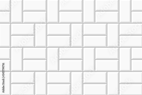 White basket weave tile mosaic layout. Stone or ceramic brick wall background. Kitchen backsplash texture. Bathroom or toilet floor decoration. Sidewalk texture. Vector flat illustration