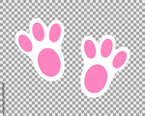 Bunny foot print. Cute pink and white rabbit paws on transparent background. Design for Easter or New Year party celebration, greeting or invitation card. Vector flat illustration.