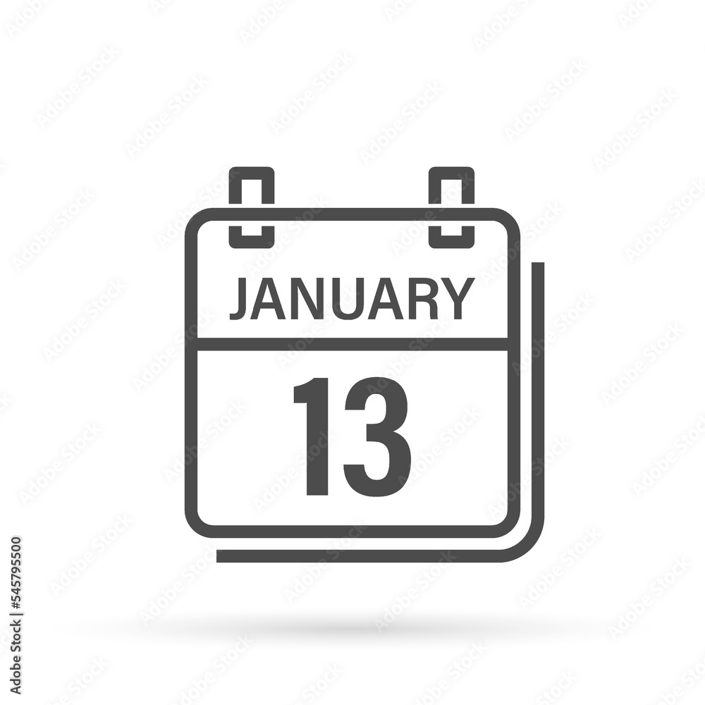 January 13, Calendar icon with shadow. Day, month. Flat vector illustration. January 13, Calendar icon with shadow. Day, month. Flat vector illustration.