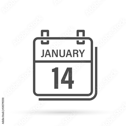 January 14, Calendar icon with shadow. Day, month. Flat vector illustration.