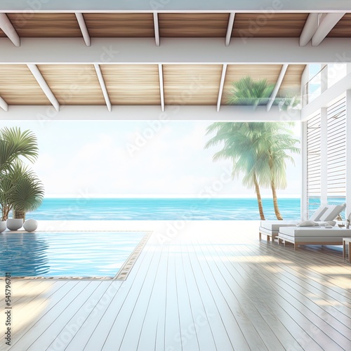Sea view empty large living room of luxury summer beach house with swimming pool near wooden terrace. Big white wall background in vacation home or holiday villa. Hotel interior 3d illustration. © AkuAku