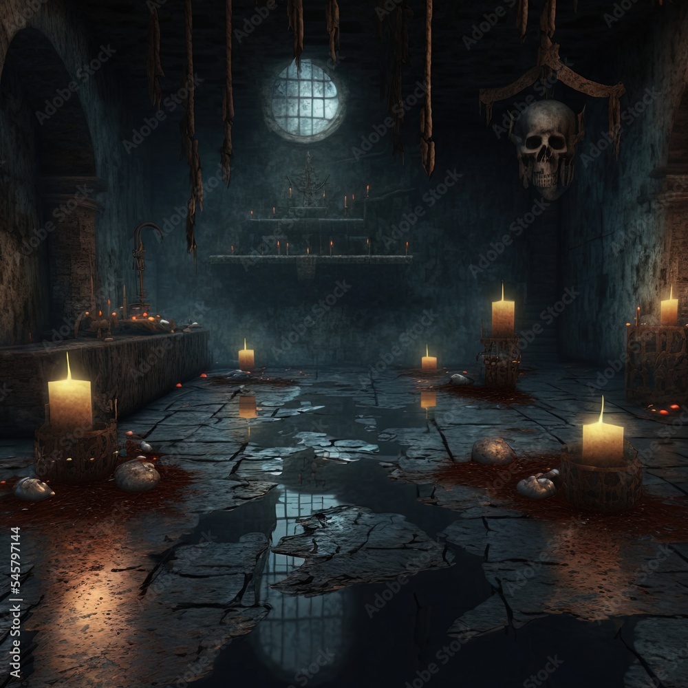 Dark scene with a medieval dungeon with ropes, candles, skulls and ...