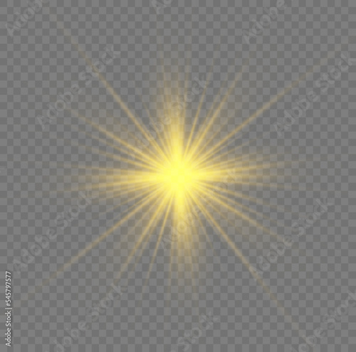 Set of yellow stars bursts with sparkles. Sunlight special lens flare light effect. Shine, sparks, flash on transparent background. Glowing lights, star gold sparkl. Transparent shining sun. Vector.