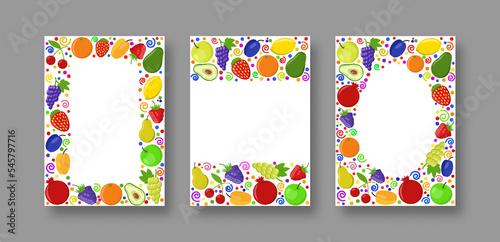 Fruit berries copy space frame set. Fresh raspberry strawberry blackberry bramble dewberry grapes lemon peach pomegranate cherry apricot apple pear plum orange avocado. Healthy food flat icons border
