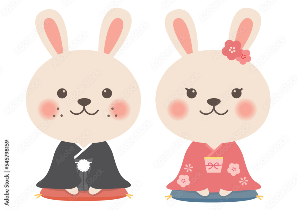 Fototapeta premium 年賀状素材 うさぎイラスト（着物）