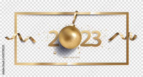 Happy New Year 2023 background with Christmas decoration and confetti in golden frame, isolated on transparent background.