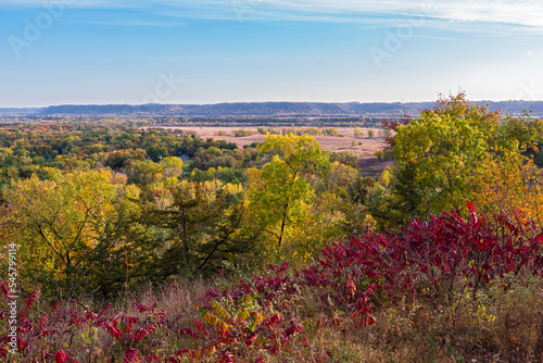 woodlands and fields viewed from atop bluffs at frontenac state park in driftless region of minnesota