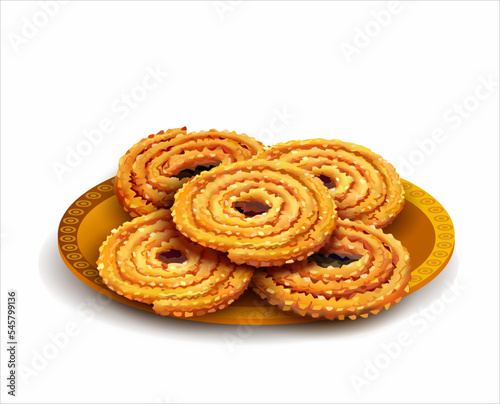 Plate with traditional Indian Diwali snacks chakali (chakli, chakri, murukku) isolated on white. Famous festive food. Vector illustration.
