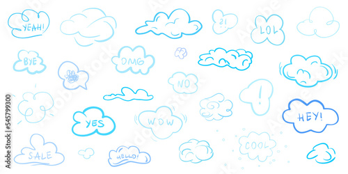 Colorful clouds on isolation background. Sketchy doodles on white. Hand drawn infographic elements. Colored illustration. Sketches for artworks