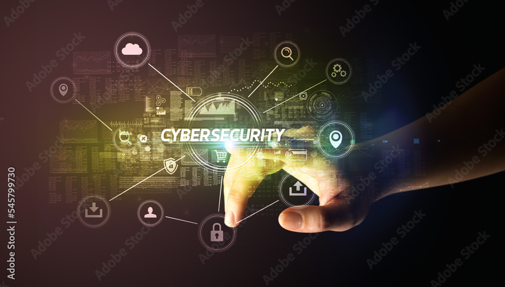 Hand touching cybersecurity button concept Hand touching cybersecurity button concept