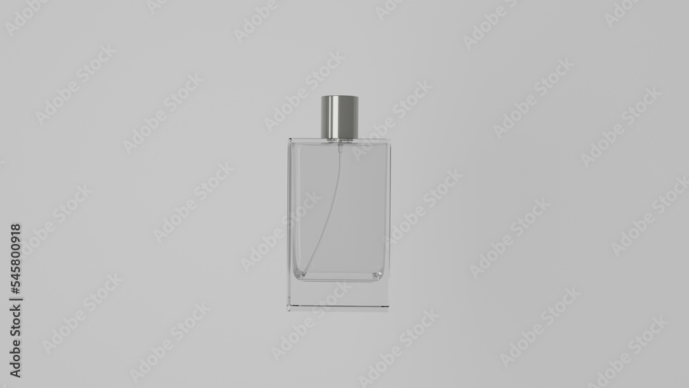 Mock up of realistic glass perfume bottle with silver cap isolated on white background. Cosmetic concept. 3D render Mock up of realistic glass perfume bottle with silver cap isolated on white background. Cosmetic concept. 3D render