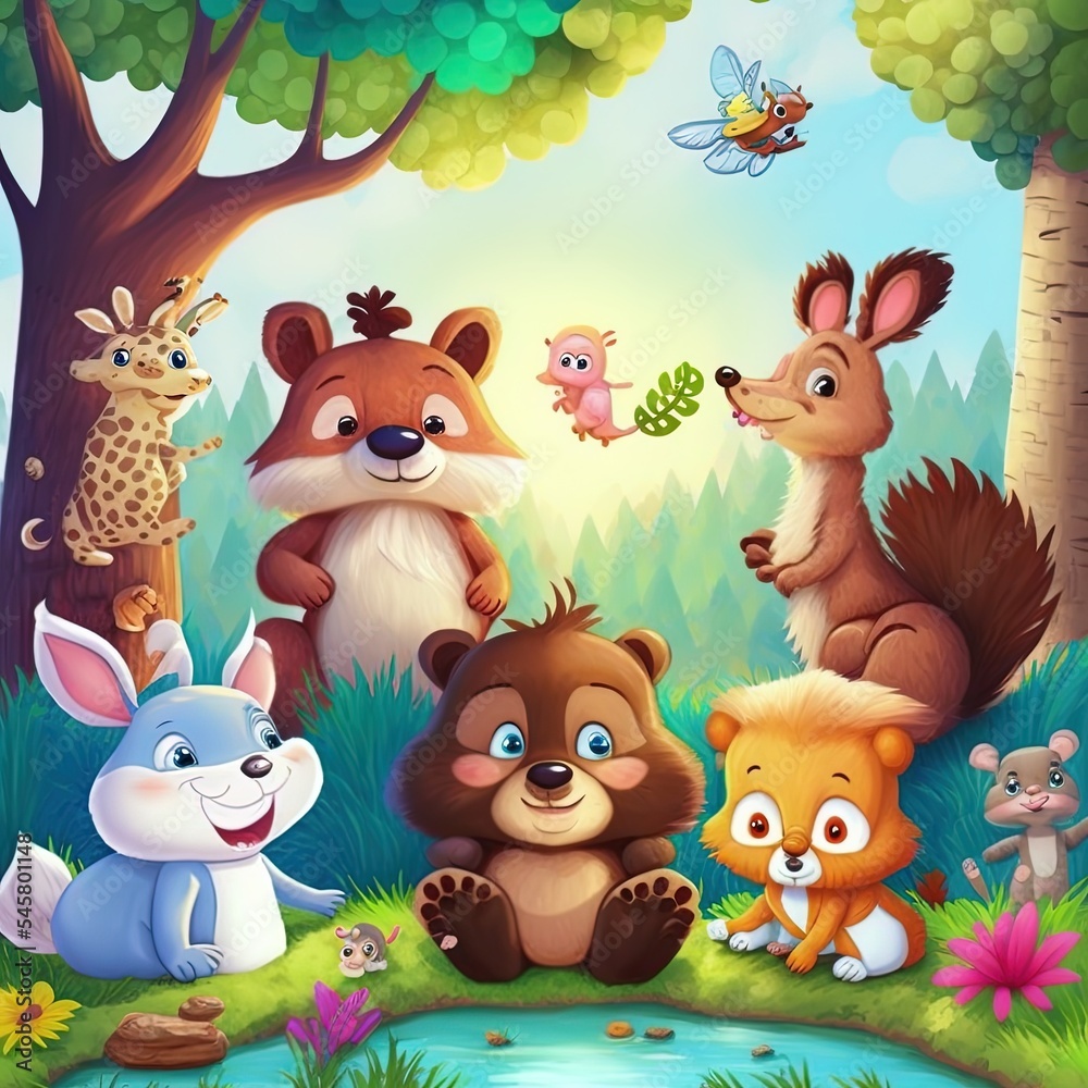 Naklejka premium cartoon scene with different forest animals friends having fun together illustration for children