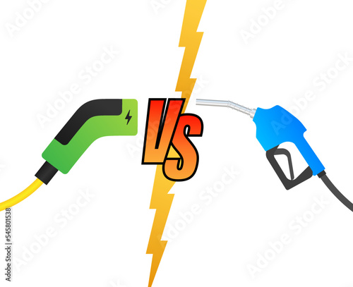 Electric car and fuel fight. Gas fuel vs ev plug charg. Vector stock illustration.