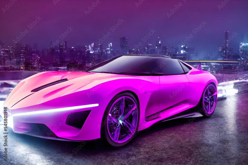 Futuristicc concept sport car in a metaverse city. Neon glowing. 3d