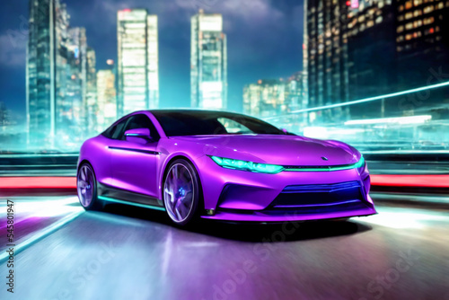 Futuristicc concept sport car in a metaverse city. Neon glowing. 3d