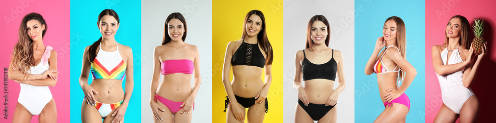 Collage with photos of women wearing bikini on different color backgrounds. Banner design Collage with photos of women wearing bikini on different color backgrounds. Banner design