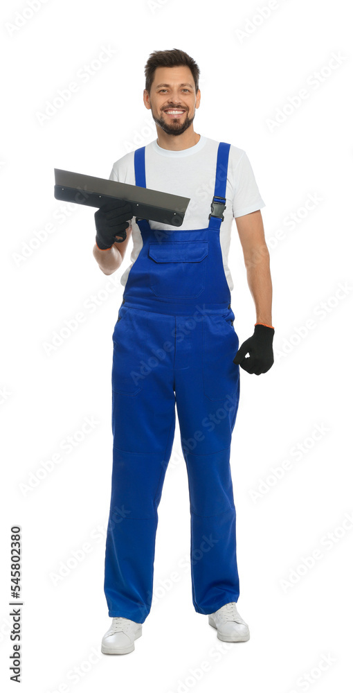 Professional worker in uniform with putty knife on white background Professional worker in uniform with putty knife on white background