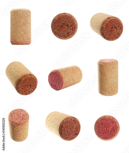 Set with wine corks on white background