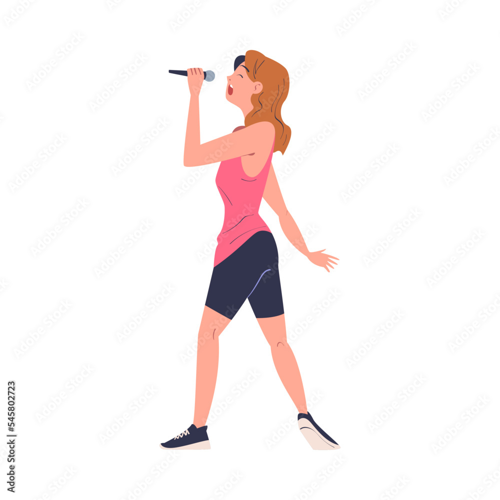 Girl singer performing with microphone. Female person singing song cartoon vector illustration