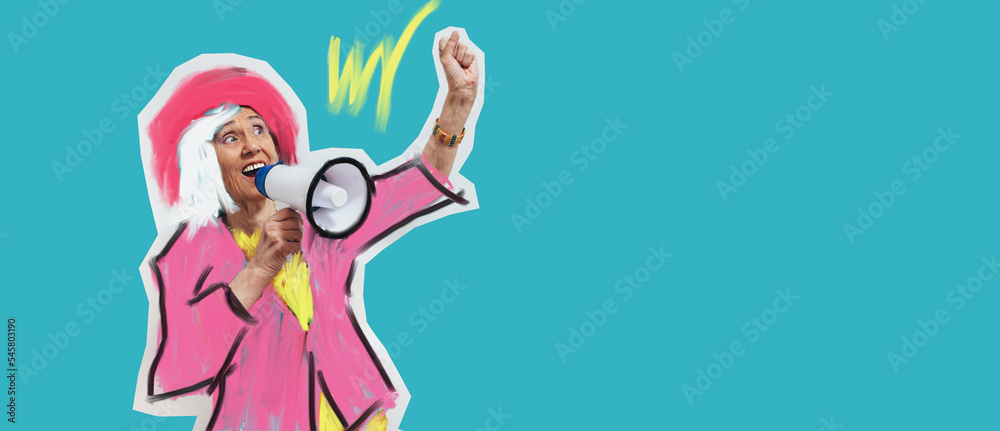 Funny old lady dressed in trendy clothes with a megaphone. Collage in magazine style. Flyer with trendy colors, copy space for ad. Discount, sale season. Information concept. Modern creative artwork. Funny old lady dressed in trendy clothes with a megaphone. Collage in magazine style. Flyer with trendy colors, copy space for ad. Discount, sale season. Information concept. Modern creative artwork.