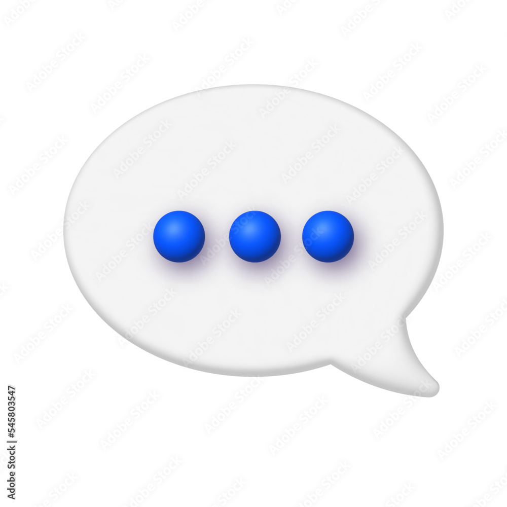 Communication Chat 3D Icon. White speech bubble with three blue dots ...