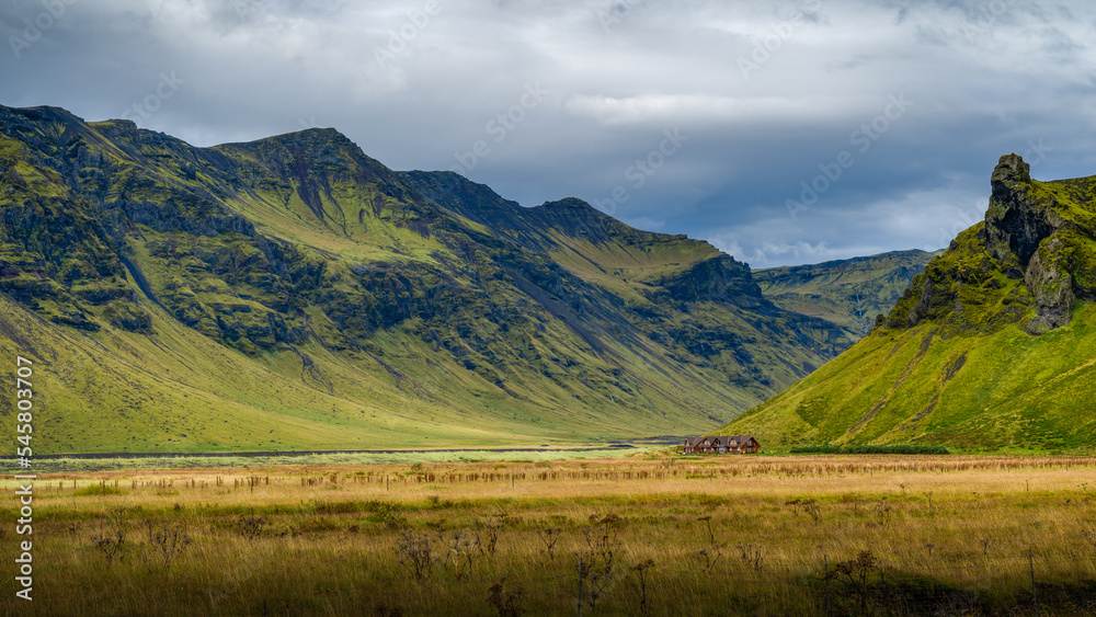 Typical volcanic landscape of wonderful mountain range, moss covered, somewhere south part of Iceland