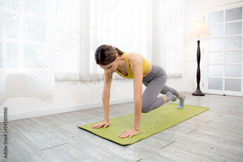 Beautiful young caucasian woman practicing workout exercise with plank stretching muscle leg and hands while motivation and determined, exercise and sport, one person, bodyweight for health concept.