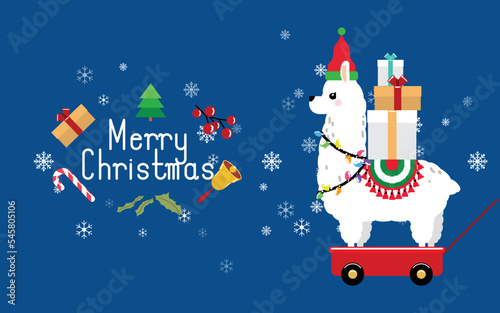 Cute llama and alpaca with Christmas holidays theme. Cute design for nursery, poster, Merry Christmas, birthday greeting card. Vector illustration.