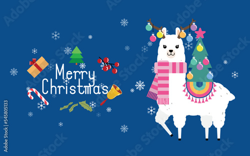 Cute llama and alpaca with Christmas holidays theme. Cute design for nursery, poster, Merry Christmas, birthday greeting card. Vector illustration.