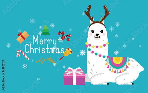 Cute llama and alpaca with Christmas holidays theme. Cute design for nursery  poster  Merry Christmas  birthday greeting card. Vector illustration.