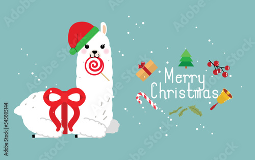 Cute llama and alpaca with Christmas holidays theme. Cute design for nursery, poster, Merry Christmas, birthday greeting card. Vector illustration.