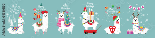 Cute llama and alpaca with Christmas holidays theme. Cute design for nursery, poster, Merry Christmas, birthday greeting card. Vector illustration.