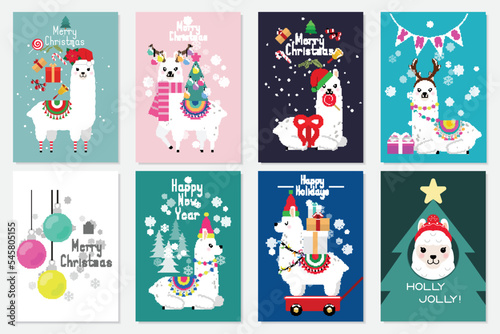 Cute llama and alpaca with Christmas holidays theme. Cute design for nursery, poster, Merry Christmas, birthday greeting card. Vector illustration.