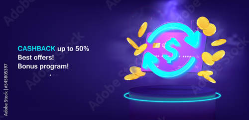 Banner Cash back service, 3d credit card with arrows indicating a refund around a dollar sign and flying gold coins. Money saving, loyalty program, wallet. Bonus program Cash back 3d banner. Vector 